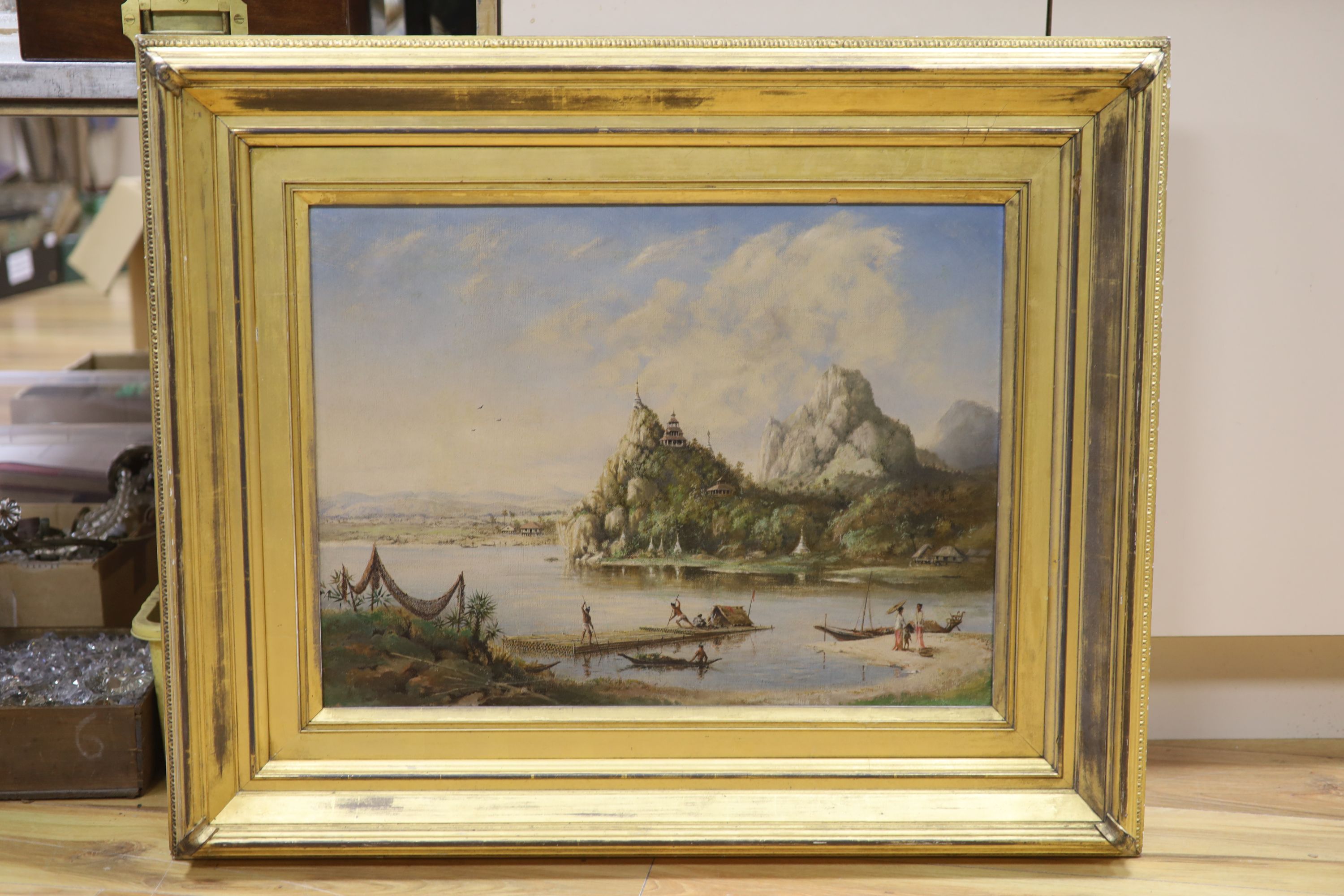 English School, oil on canvas, A view on the Irrawaddy, Burma, 45 x 60cm
